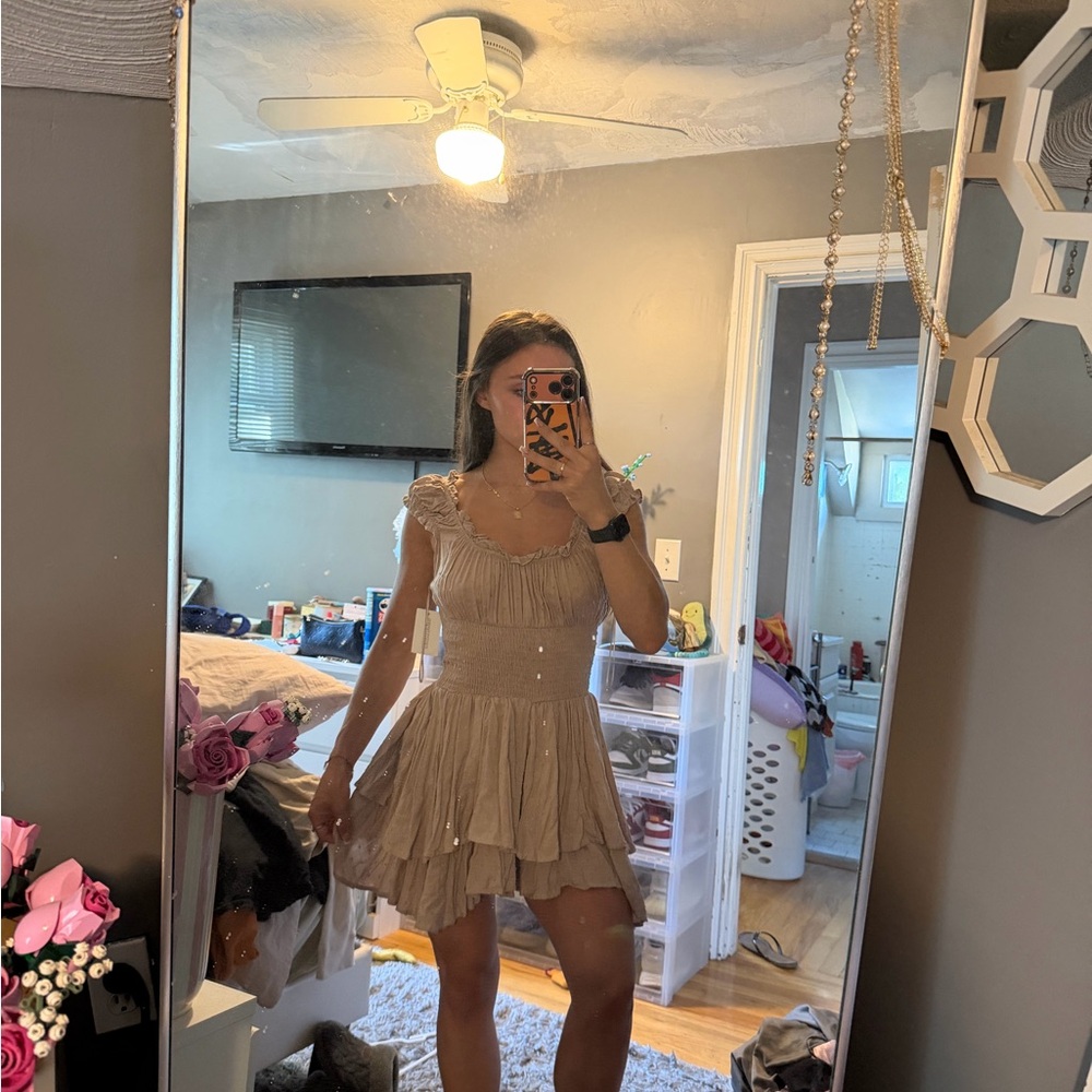 Smocked Waist Beige Ruffle Mini Dress - Women's